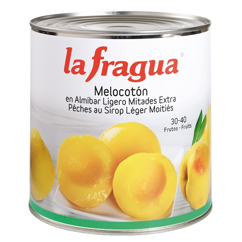 MELOCOTÓN MITADES EXTRA 30-40 EN ALMÍBAR LATA 6/3Kg
